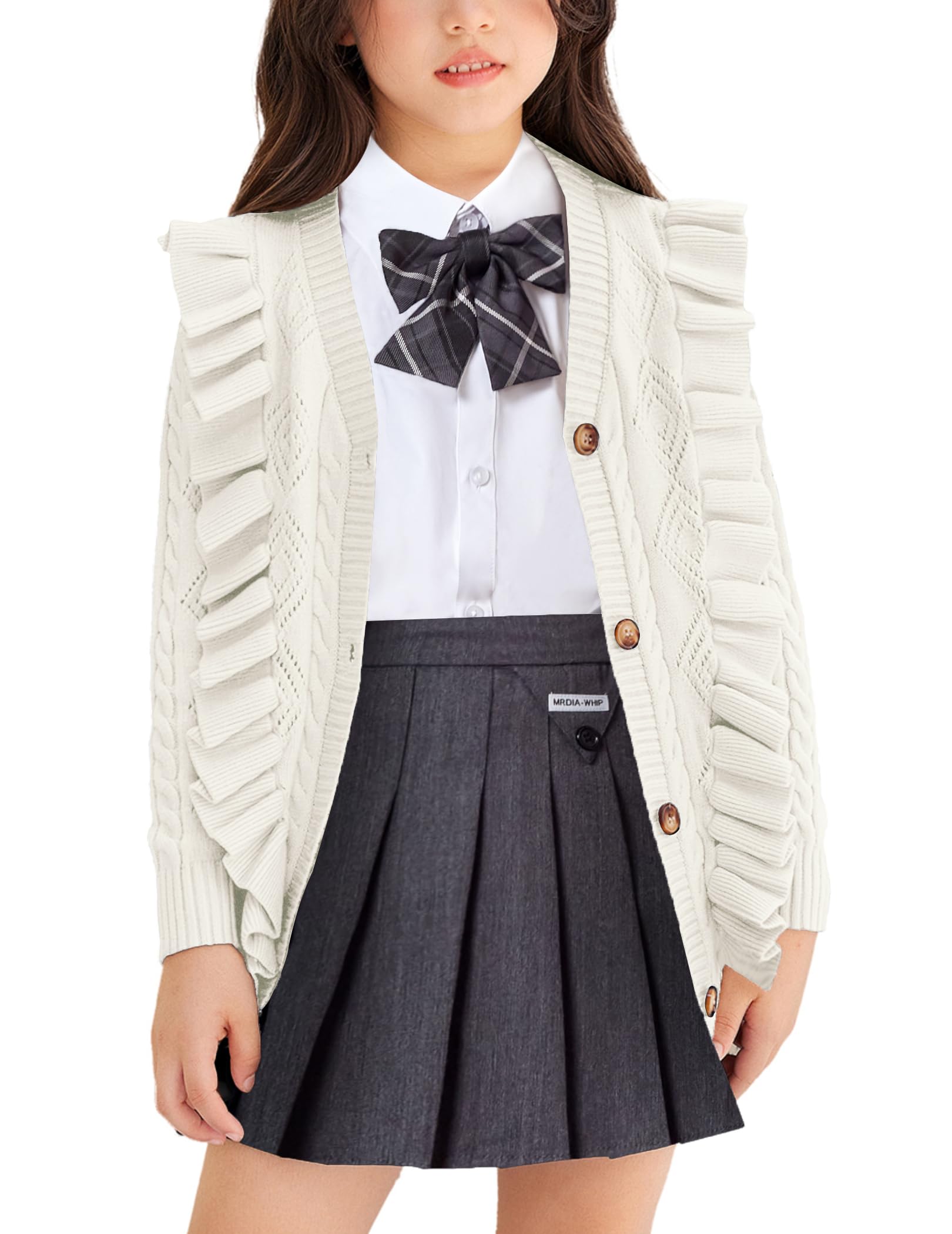 Arshiner Girls Cardigan Sweaters Ruffle School Uniform Sweater V Neck Button Front Outerwear 4-13 Years